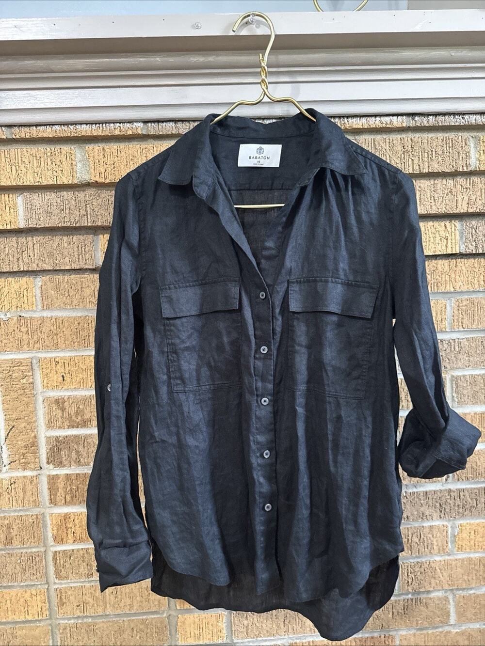 Babaton Aritzia 100% Linen Preppy Button Down Shirt Black Roll Tab Sleeve SZ XS